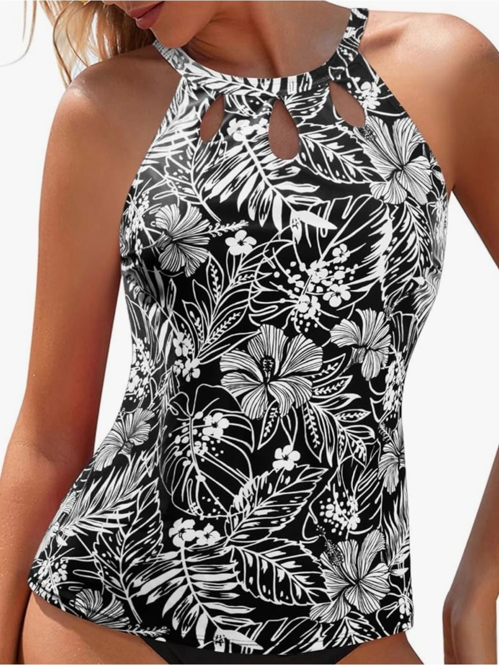 Black & White Floral High-Neck Women’s One-Piece Swim Top NWT